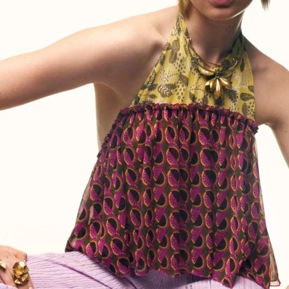 Zara Pink and Yellow Colorful Peplum Boho Halter Neck Open Back Top Size L NWT